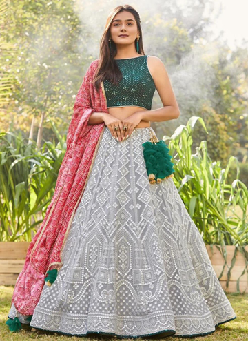 Amazing Party Wear Foil Mirror Grey Georgette Lehenga Choli